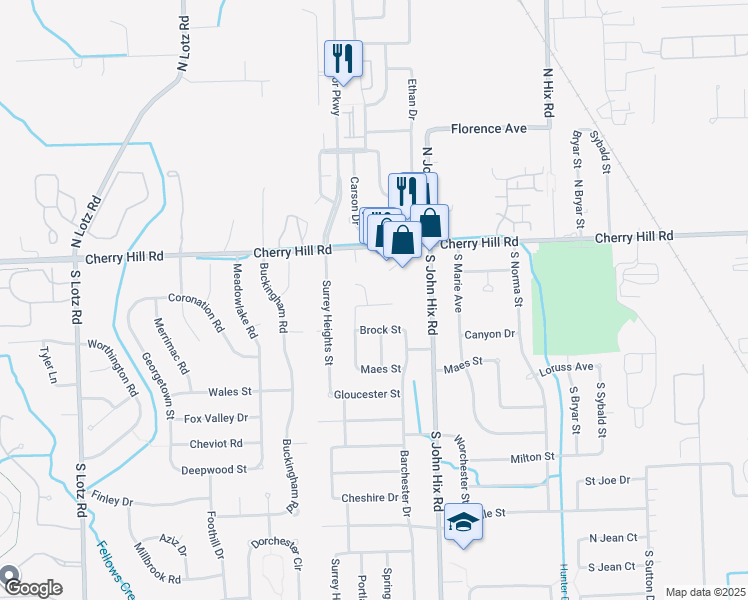 map of restaurants, bars, coffee shops, grocery stores, and more near 223 Dawson Court in Westland