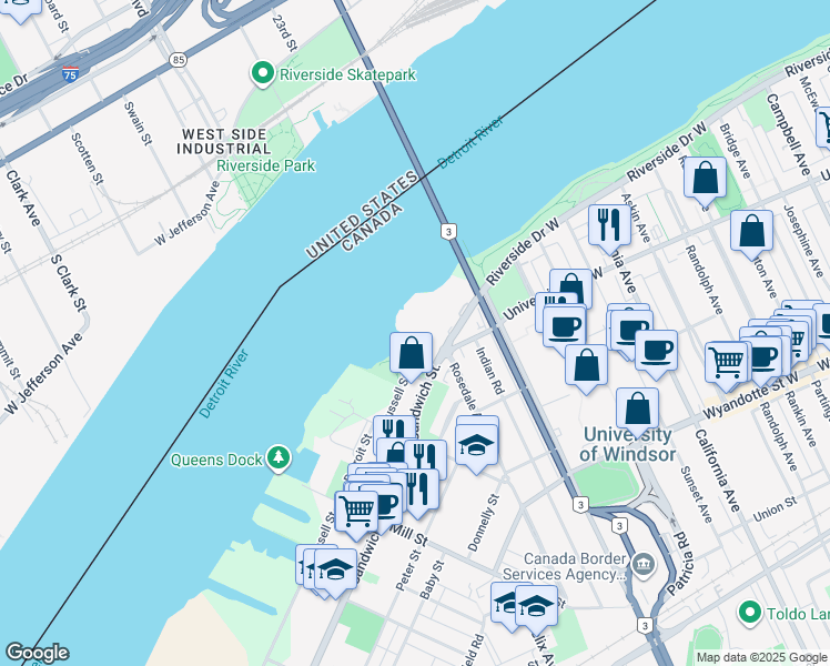 map of restaurants, bars, coffee shops, grocery stores, and more near 3000 Sandwich Street in Windsor