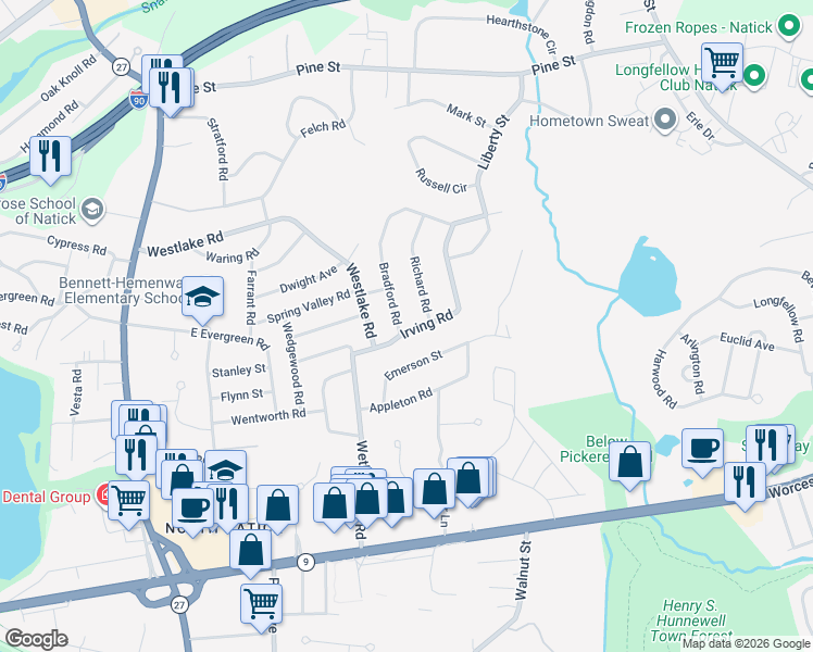 map of restaurants, bars, coffee shops, grocery stores, and more near 10 Irving Road in Natick