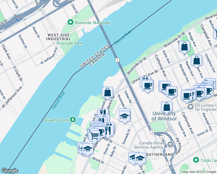 map of restaurants, bars, coffee shops, grocery stores, and more near 3000 Sandwich Street in Windsor