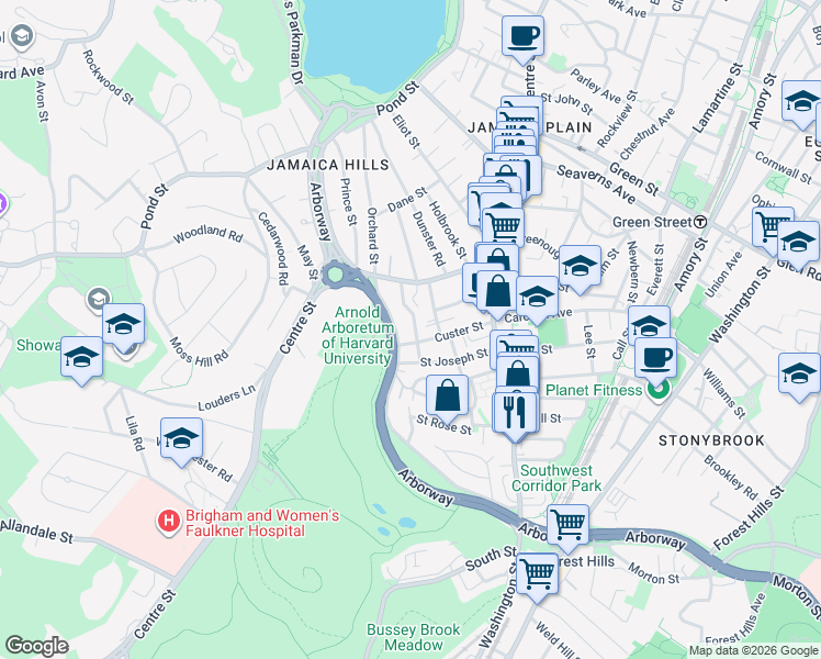 map of restaurants, bars, coffee shops, grocery stores, and more near 39 Goldsmith Street in Boston