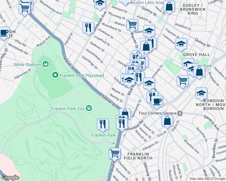 map of restaurants, bars, coffee shops, grocery stores, and more near 38 Wayne Street in Boston
