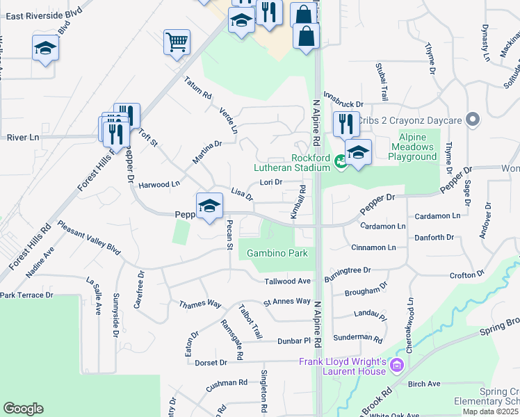 map of restaurants, bars, coffee shops, grocery stores, and more near 4304 Pepper Drive in Rockford