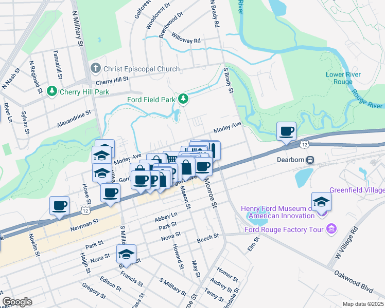 map of restaurants, bars, coffee shops, grocery stores, and more near 22000 Garrison Street in Dearborn