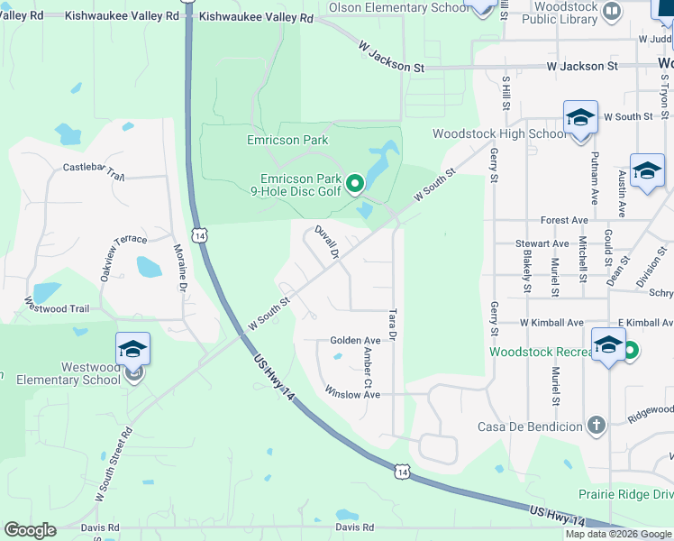 map of restaurants, bars, coffee shops, grocery stores, and more near 1051 West South Street in Woodstock