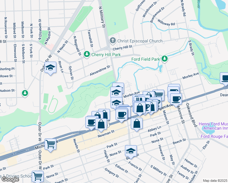 map of restaurants, bars, coffee shops, grocery stores, and more near 706 South Military Street in Dearborn