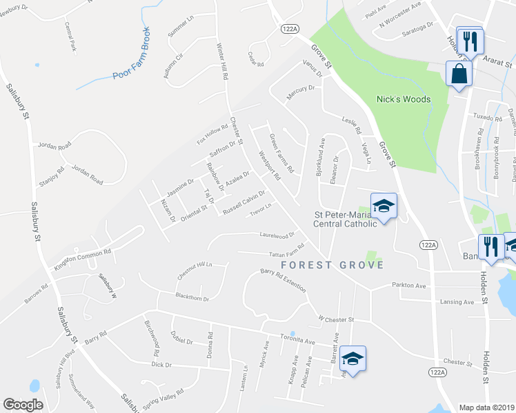 map of restaurants, bars, coffee shops, grocery stores, and more near 6 Trevor Lane in Worcester
