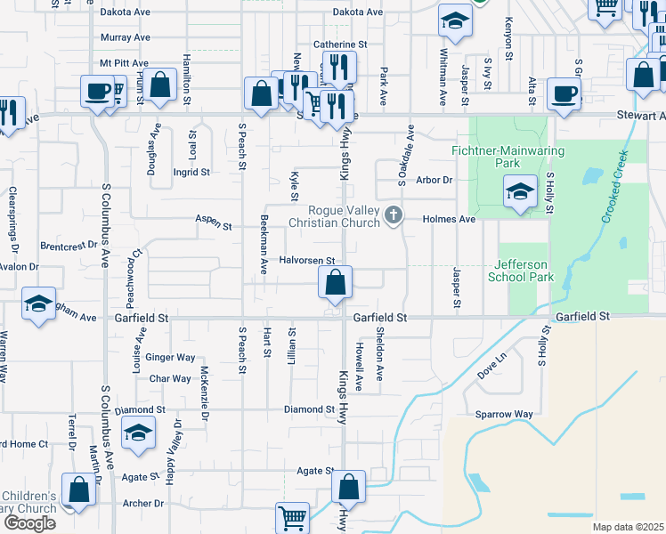 map of restaurants, bars, coffee shops, grocery stores, and more near 707 Halvorsen Street in Medford