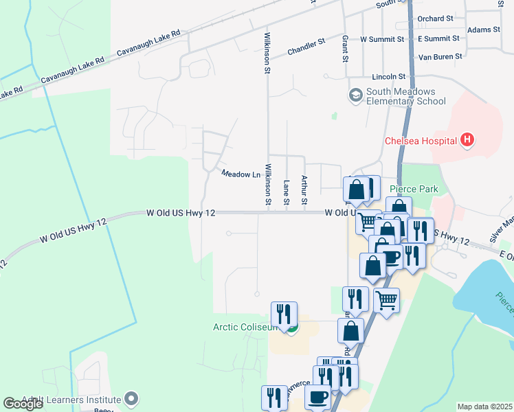 map of restaurants, bars, coffee shops, grocery stores, and more near 20186 West Old US Highway 12 in Chelsea