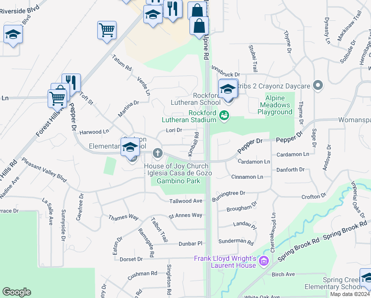 map of restaurants, bars, coffee shops, grocery stores, and more near 4425 Crawford Drive in Rockford