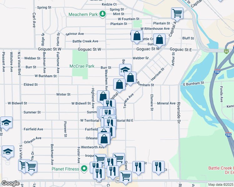map of restaurants, bars, coffee shops, grocery stores, and more near 540 Capital Avenue Southwest in Battle Creek
