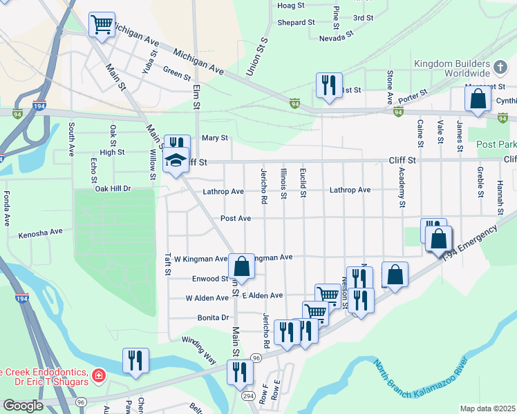 map of restaurants, bars, coffee shops, grocery stores, and more near 62 Jericho Road in Battle Creek