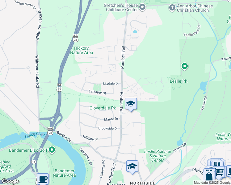 map of restaurants, bars, coffee shops, grocery stores, and more near 648 Cloverdale Street in Ann Arbor