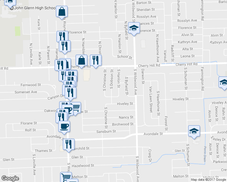 map of restaurants, bars, coffee shops, grocery stores, and more near 357 South Dobson Street in Westland