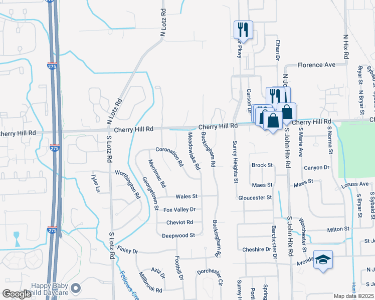 map of restaurants, bars, coffee shops, grocery stores, and more near 288 Meadowlake Road in Wayne County