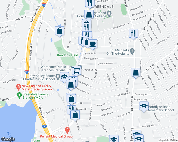 map of restaurants, bars, coffee shops, grocery stores, and more near 30 Airlie Street in Worcester