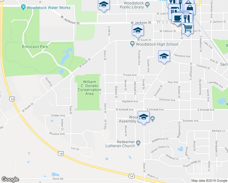 map of restaurants, bars, coffee shops, grocery stores, and more near 830 Blakely Street in Woodstock