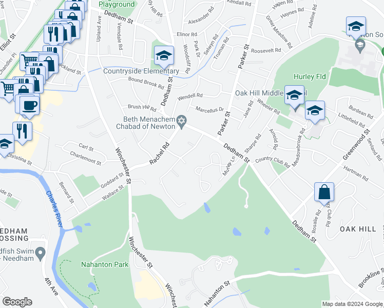 map of restaurants, bars, coffee shops, grocery stores, and more near 44 Countryside Road in Newton