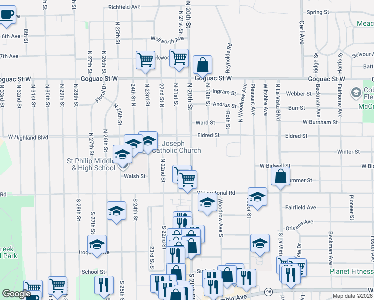 map of restaurants, bars, coffee shops, grocery stores, and more near 55 North 20th Street in Battle Creek