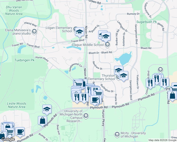 map of restaurants, bars, coffee shops, grocery stores, and more near 2350 Nixon Rd Service Dr in Ann Arbor