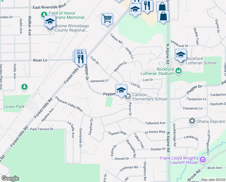 map of restaurants, bars, coffee shops, grocery stores, and more near 4056 Pepper Drive in Rockford
