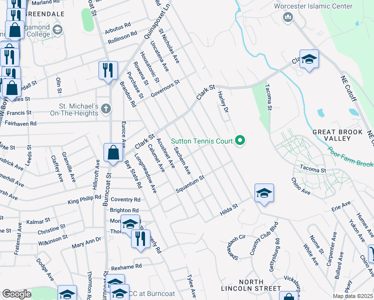 map of restaurants, bars, coffee shops, grocery stores, and more near 36 Pocasset Avenue in Worcester