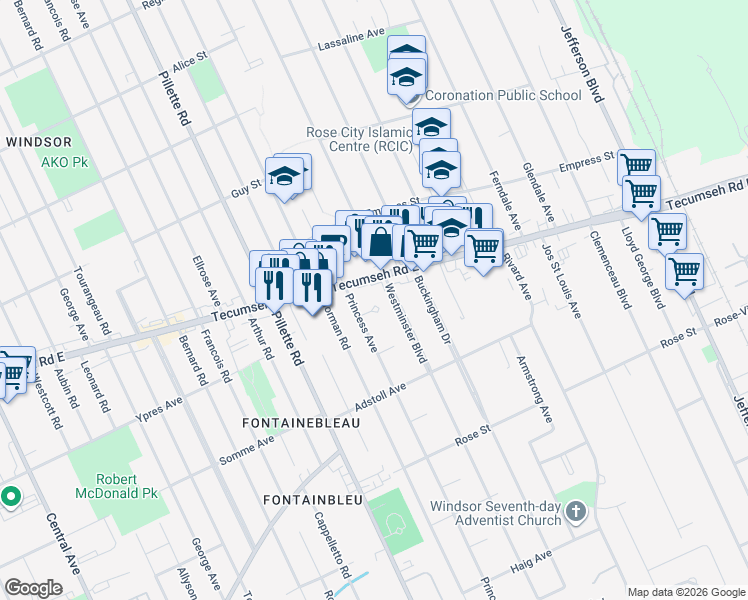 map of restaurants, bars, coffee shops, grocery stores, and more near 5080 Royal Court in Windsor