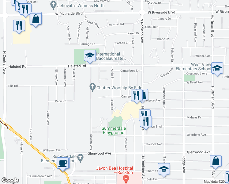 map of restaurants, bars, coffee shops, grocery stores, and more near 3211 Alida Street in Rockford