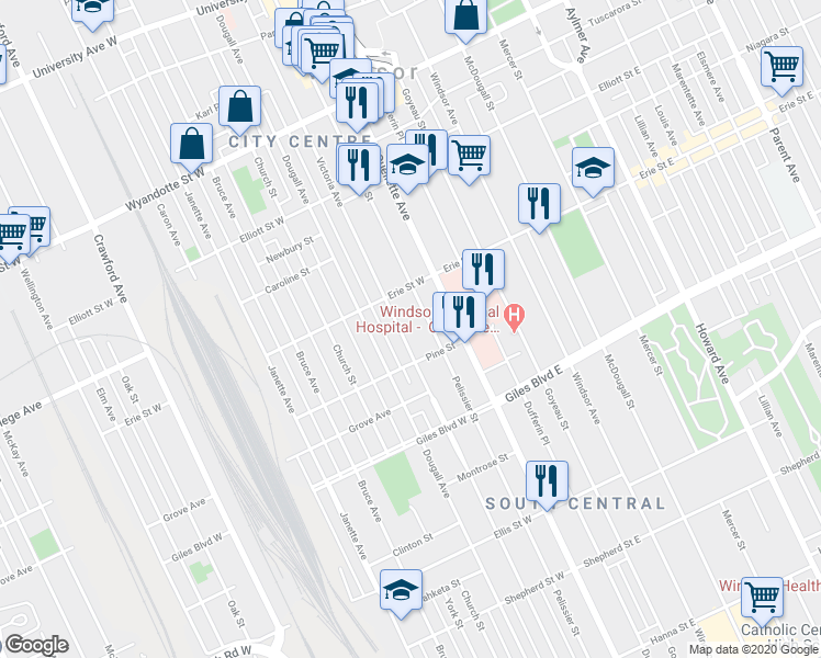 map of restaurants, bars, coffee shops, grocery stores, and more near 1056 Victoria Avenue in Windsor