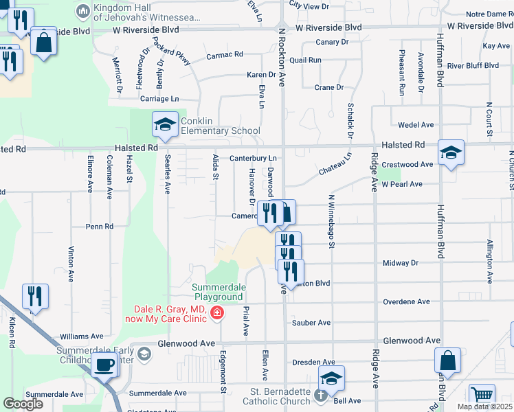 map of restaurants, bars, coffee shops, grocery stores, and more near 3211 Hanover Drive in Rockford
