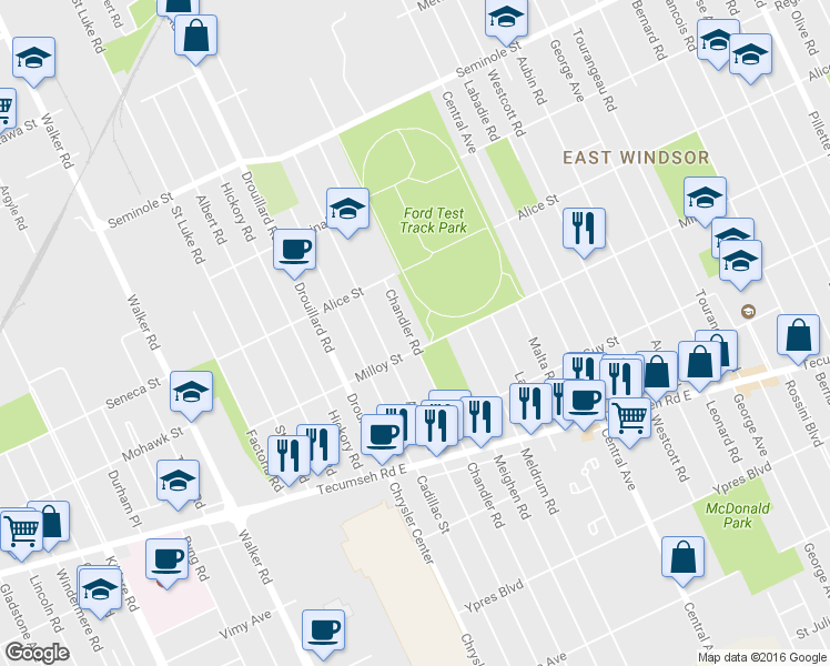 map of restaurants, bars, coffee shops, grocery stores, and more near 1780 Chandler Road in Windsor
