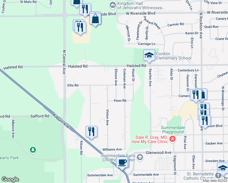 map of restaurants, bars, coffee shops, grocery stores, and more near 3124 Elinore Avenue in Rockford