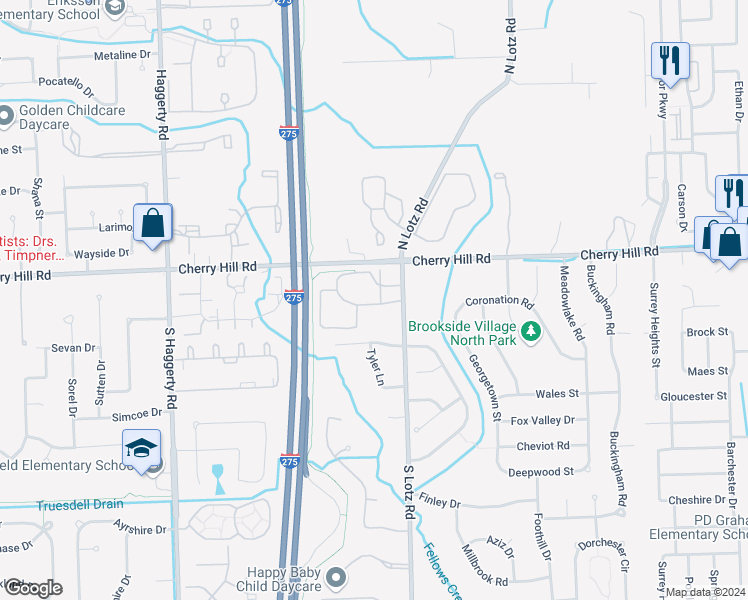 map of restaurants, bars, coffee shops, grocery stores, and more near 40548 Douglas Drive in Canton