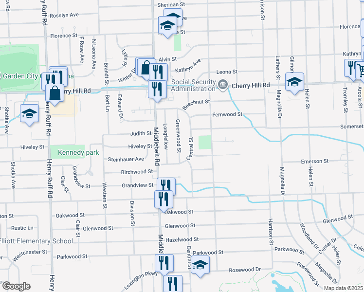 map of restaurants, bars, coffee shops, grocery stores, and more near 525 Greenwood Street in Inkster