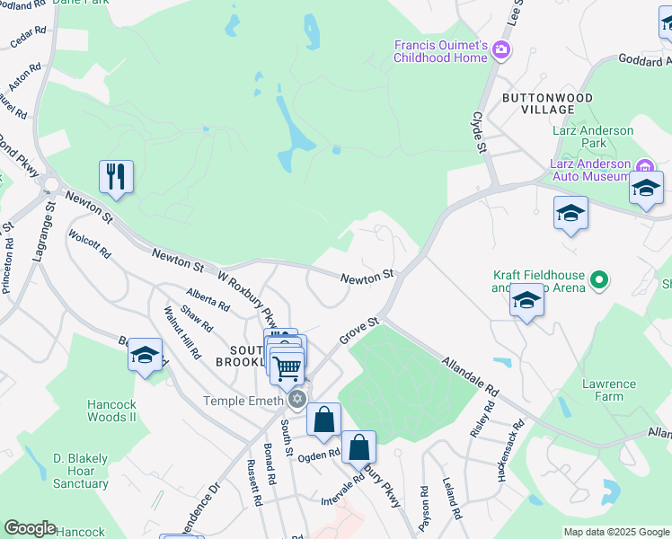 map of restaurants, bars, coffee shops, grocery stores, and more near 379 Newton Street in Brookline