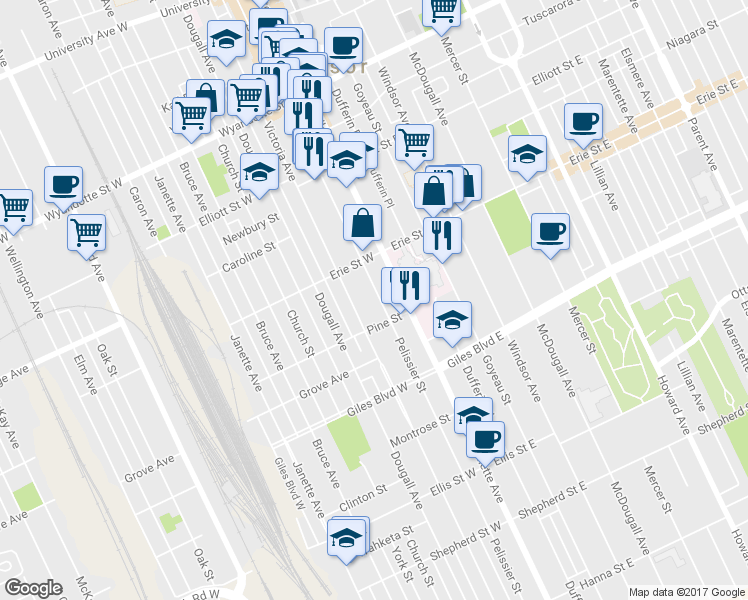 map of restaurants, bars, coffee shops, grocery stores, and more near 1063 Pelissier Street in Windsor