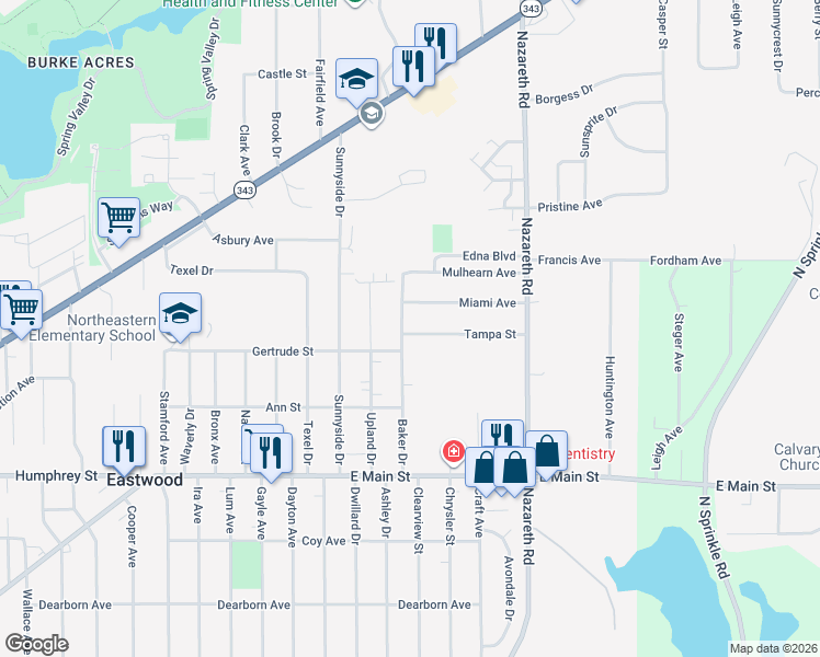 map of restaurants, bars, coffee shops, grocery stores, and more near 1706 Baker Drive in Kalamazoo