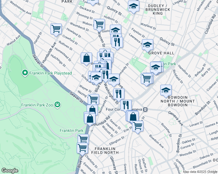 map of restaurants, bars, coffee shops, grocery stores, and more near 36 Washington Street in Boston