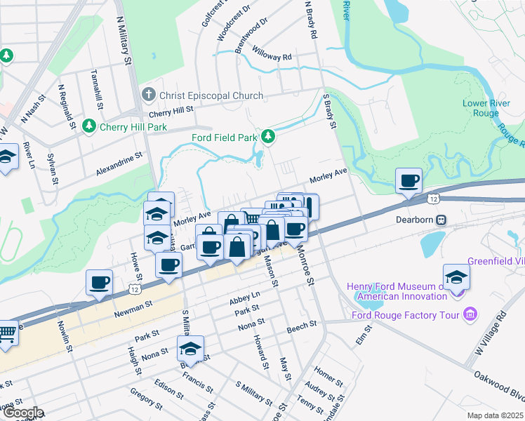 map of restaurants, bars, coffee shops, grocery stores, and more near 22000 Garrison Street in Dearborn
