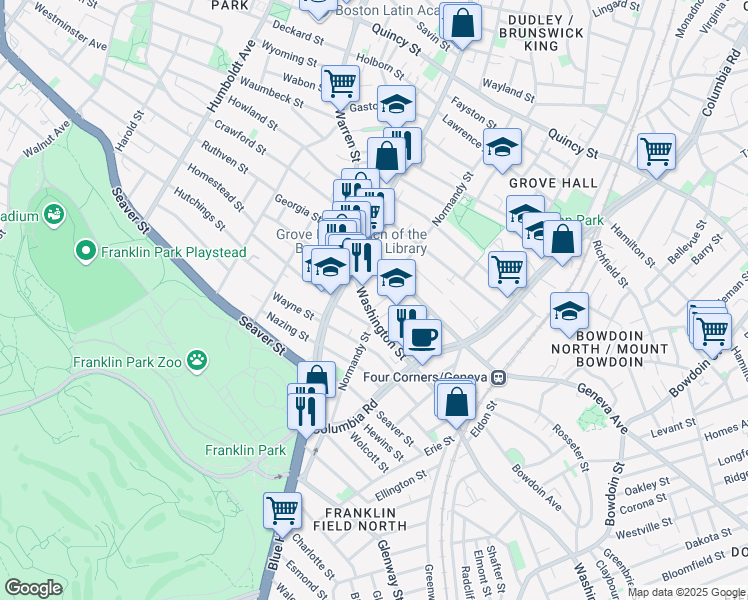 map of restaurants, bars, coffee shops, grocery stores, and more near 36 Washington Street in Boston