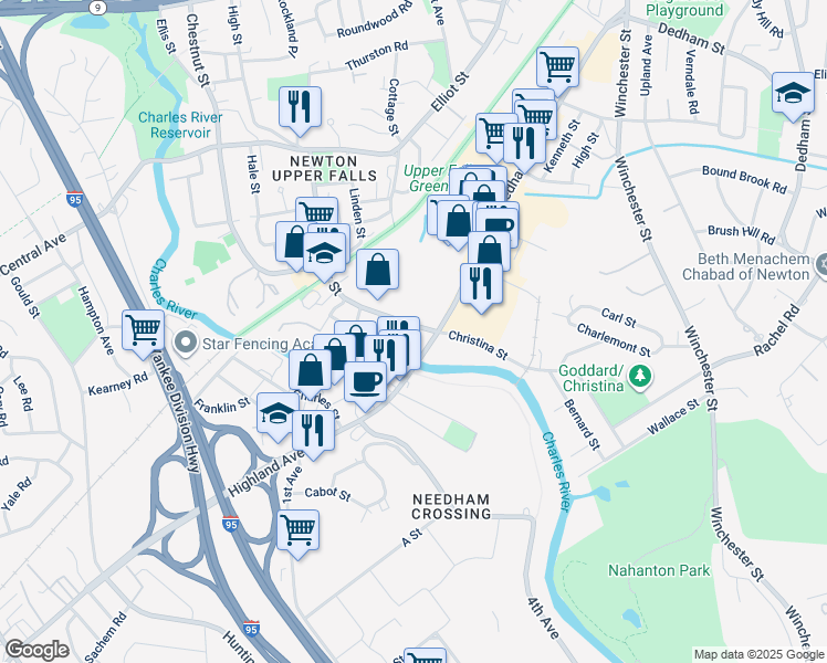 map of restaurants, bars, coffee shops, grocery stores, and more near 183 Oak Street in Newton