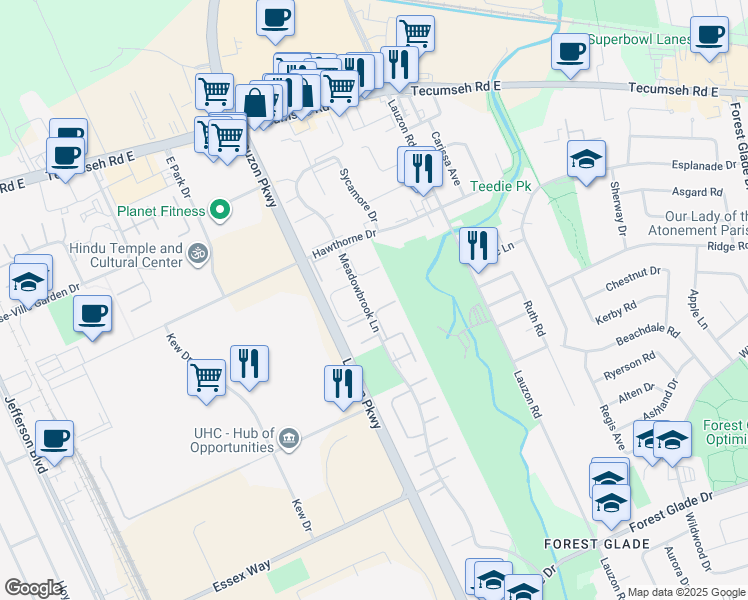map of restaurants, bars, coffee shops, grocery stores, and more near 2746 Meadowbrook Lane in Windsor