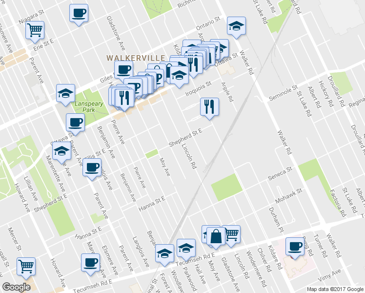 map of restaurants, bars, coffee shops, grocery stores, and more near 1513 Lincoln Road in Windsor