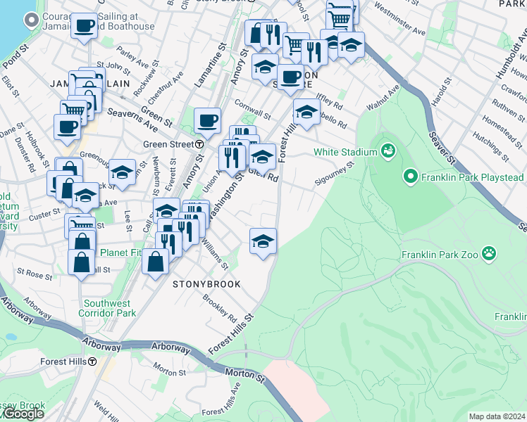 map of restaurants, bars, coffee shops, grocery stores, and more near 143 Forest Hills Street in Boston