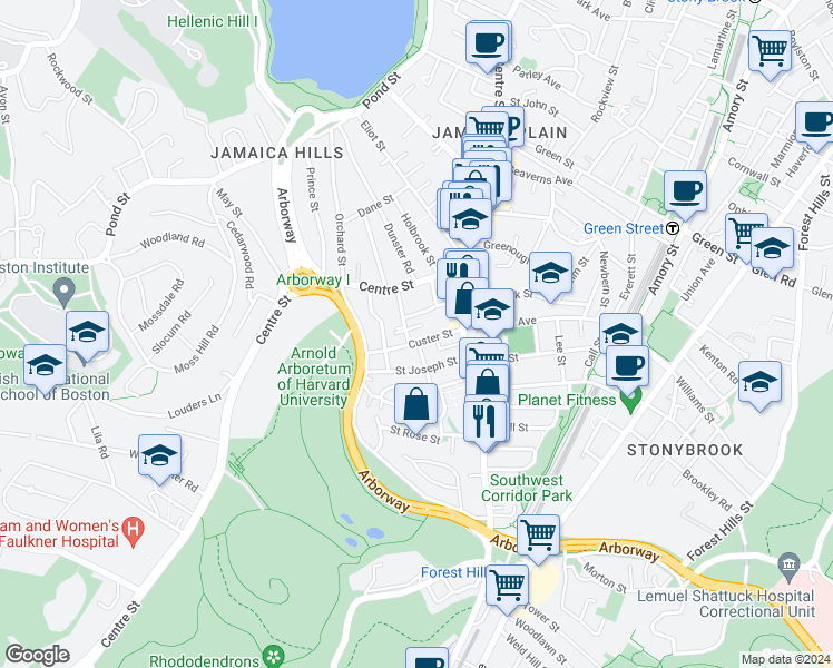 map of restaurants, bars, coffee shops, grocery stores, and more near 39 Ballard Street in Boston
