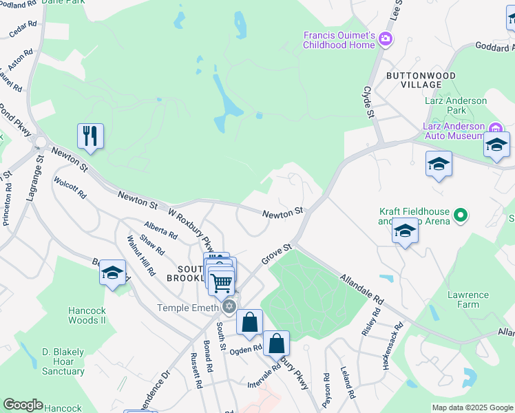 map of restaurants, bars, coffee shops, grocery stores, and more near 379 Newton Street in Brookline