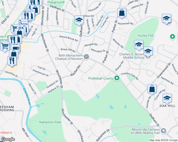 map of restaurants, bars, coffee shops, grocery stores, and more near 44 Countryside Road in Newton