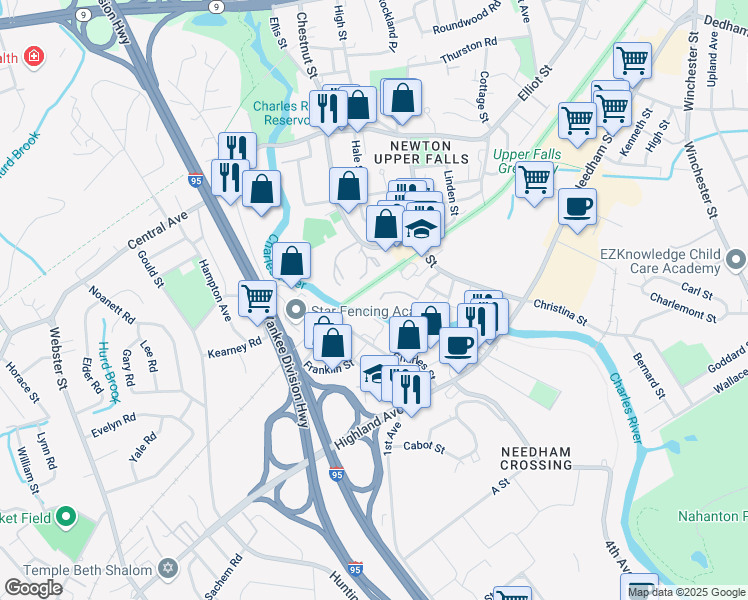 map of restaurants, bars, coffee shops, grocery stores, and more near Upper Falls Greenway in Newton