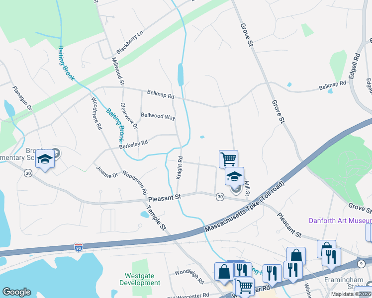 map of restaurants, bars, coffee shops, grocery stores, and more near 16 Merriam Road in Framingham
