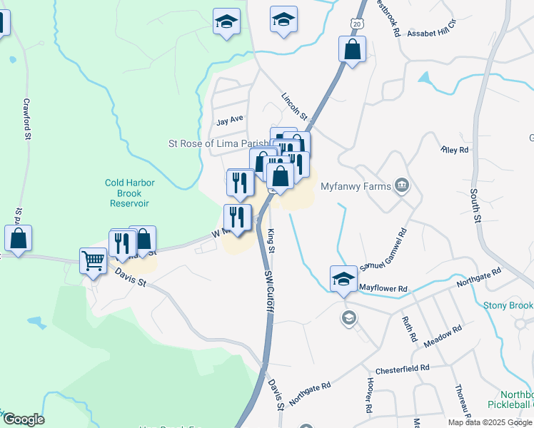map of restaurants, bars, coffee shops, grocery stores, and more near 11 King Street in Northborough